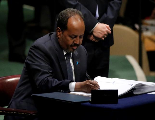 Somalia President Hassan Sheikh Mohamud signs the Paris Agreement on climate change at United Nations Headquarters in New York