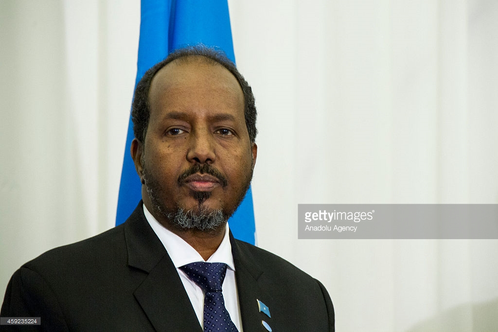 COPENHAGEN, DENMARK - NOVEMBER 19: Somalia's President Hassan Sheikh Mohamud attends the joint press conference after the first day of The High Level Partnership Forum Copenhagen (HLPF Copenhagen), which aims to maintain the momentum in the political transition process of Somalia with a view to fostering dialogue and reconciliation, in Copenhagen, Denmark on November 19, 2014. The two-day forum is built upon the results from the New Deal Conference on Somalia in Brussels in September 2013, and the HLPF Meeting in Mogadishu in February 2014 within the framework of Somalia Compact. (Photo by Freya Ingrid Morales/Anadolu Agency/Getty Images)
