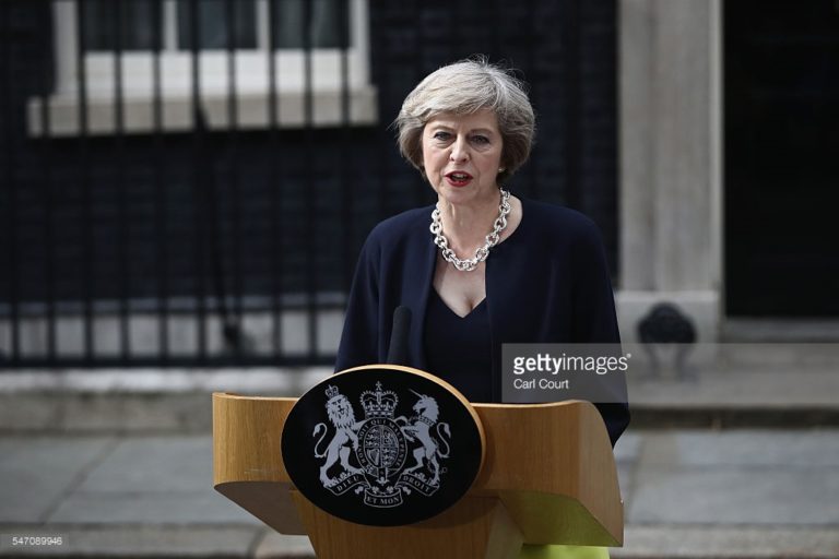 British Prime Minister Theresa May speaks outside 10 Downing Street on July 13, 2016 in London, England. Former Home Secretary Theresa May becomes the UK's second female Prime Minister after she was selected unopposed by Conservative MPs to be their new party leader. She is currently MP for Maidenhead.