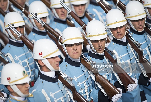 ANKARA, TURKEY - OCTOBER 29: Turkish Presidential Guard Regiment members walk during a parade at Ataturk Culture Center during Turkish Republic Day celebrations on the 91st anniversary of republic foundation in Ankara, Turkey on October 29, 2014. (Ozge Elif Kizil/Anadolu Agency/Getty Images)