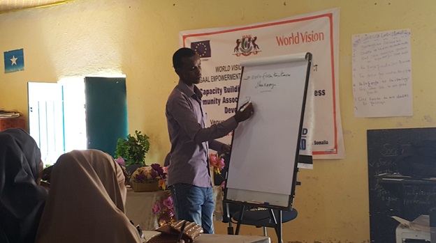 World Vision's Business Facilitation Officer, Mubarak Farah presenting to the Business training participants from three districts in Nugal province. [Photo Courtesy: WVI]