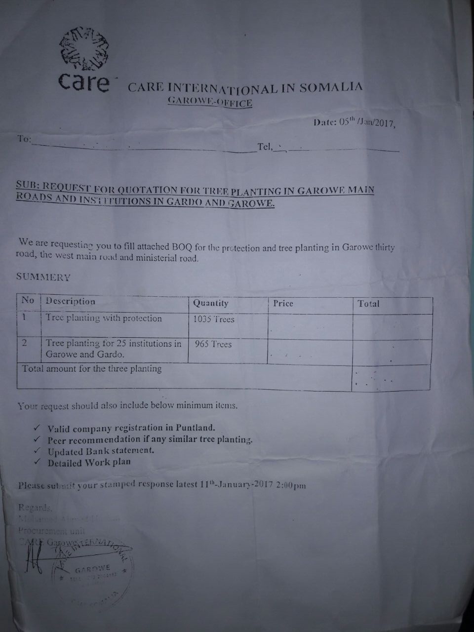 Quotation Request Letter for Planting Garowe main roads and institutions from Garowe International, Puntland office with the signature of the agency’s head of procurement, Mohamed Ibrahim Hassan. [Photo: Puntland Mirror]