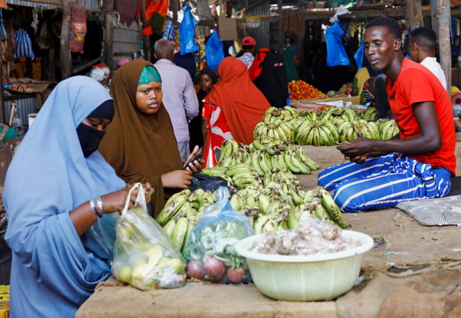 A Somali woman buys groceries and fruits at the Hamarweyne market during the first day of the holy fasting month of Ramadan in Mogadishu